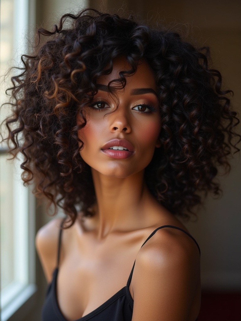 asymmetrical tapered curly fringe