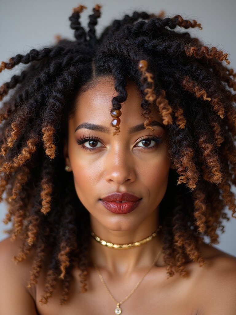 beaded metallic accented curly locs