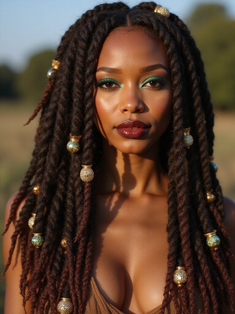 Locs adorned with bold beads and metal cuffs