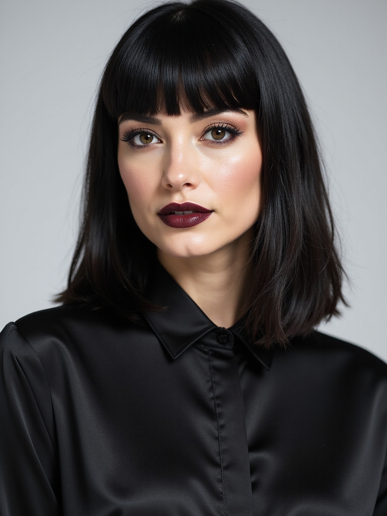 Blunt baby bangs with glassy straight long hair