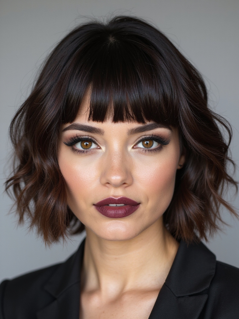 A bob with blunt bangs and choppy layers