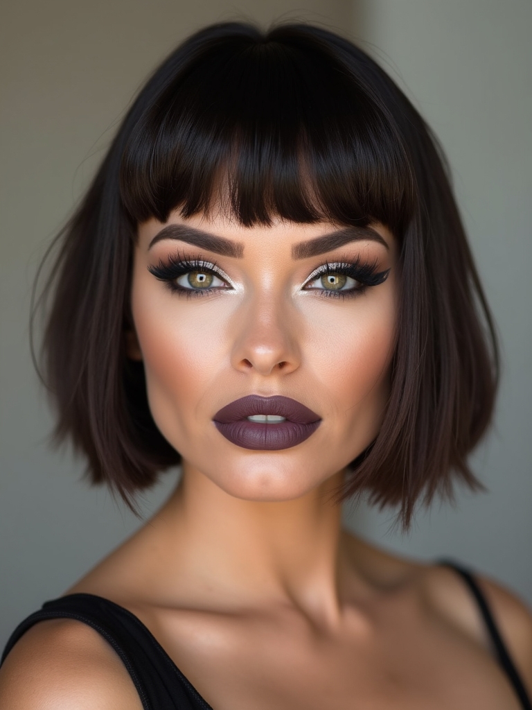 A blunt brunette bob with subtle face-framing contour