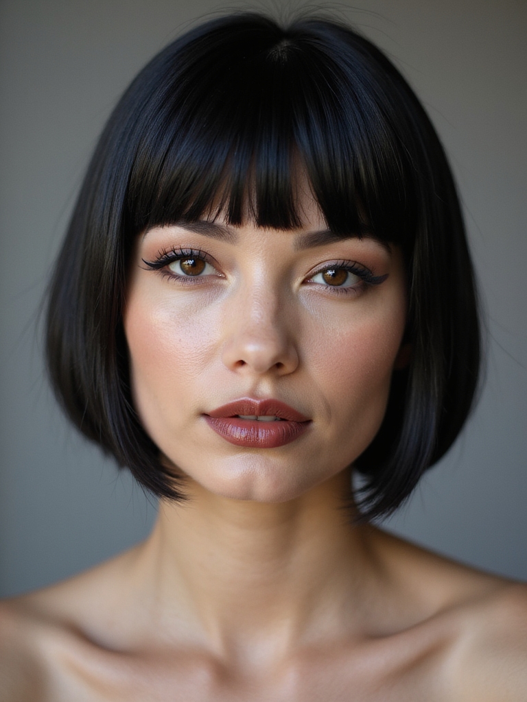 A chin-length bob with bold micro bangs