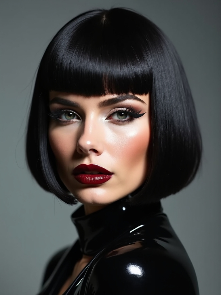 A blunt short fringe cut in a clean straight line