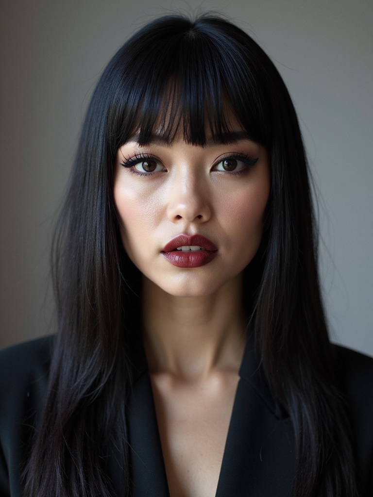 A blunt fringe with sleek, straight long lengths