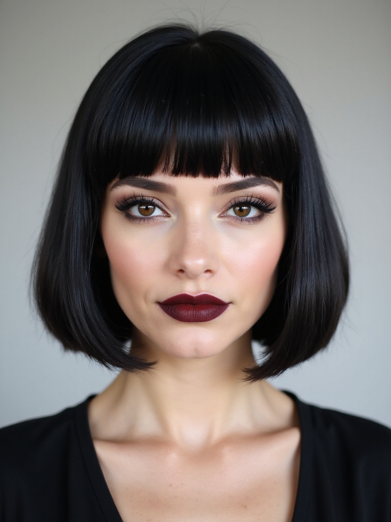 A classic blunt bob with a full fringe