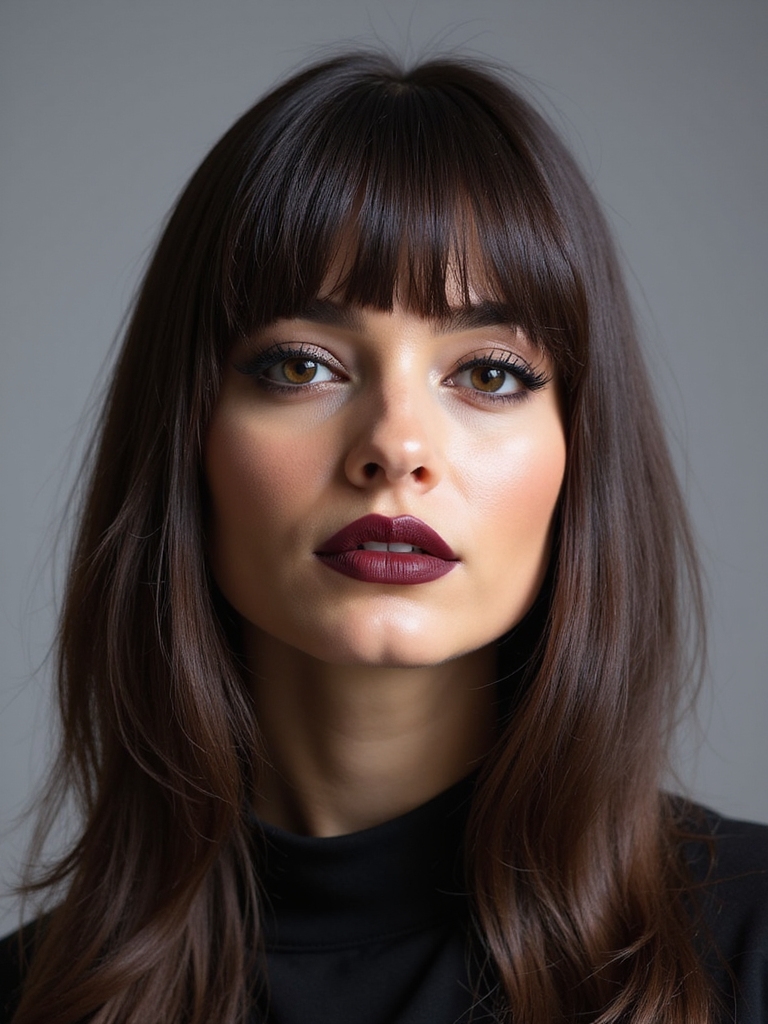 blunt micro layered curtain bangs