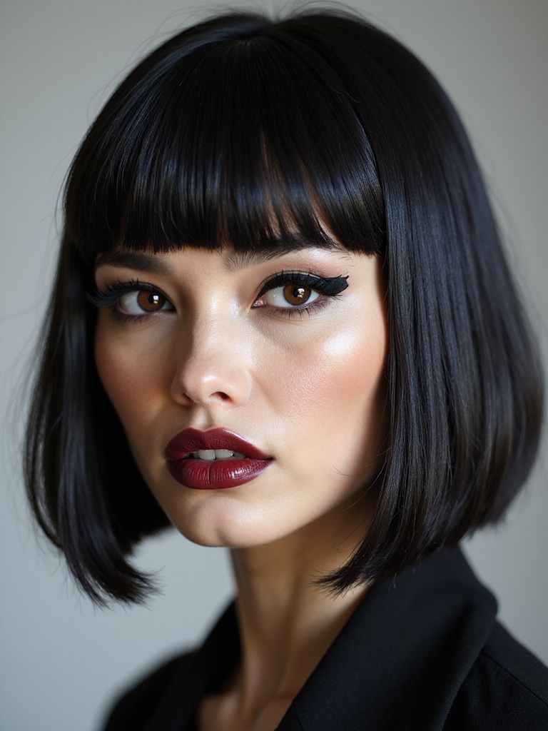 Edgy blunt baby bangs cut high on the forehead