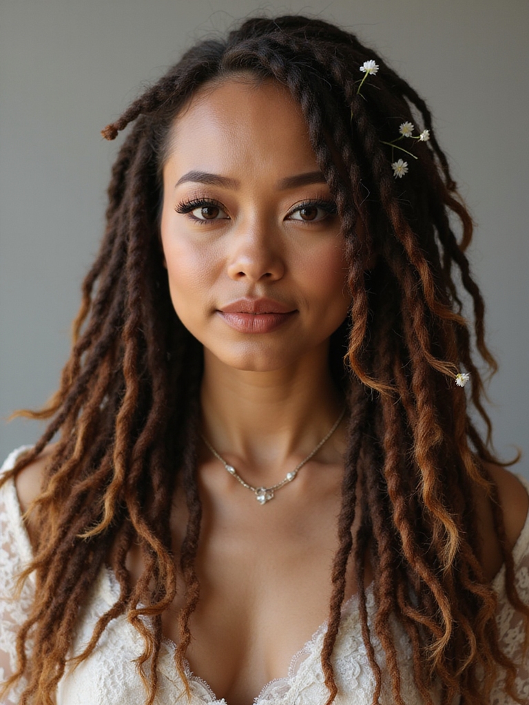 Loose bohemian locs worn down with florals