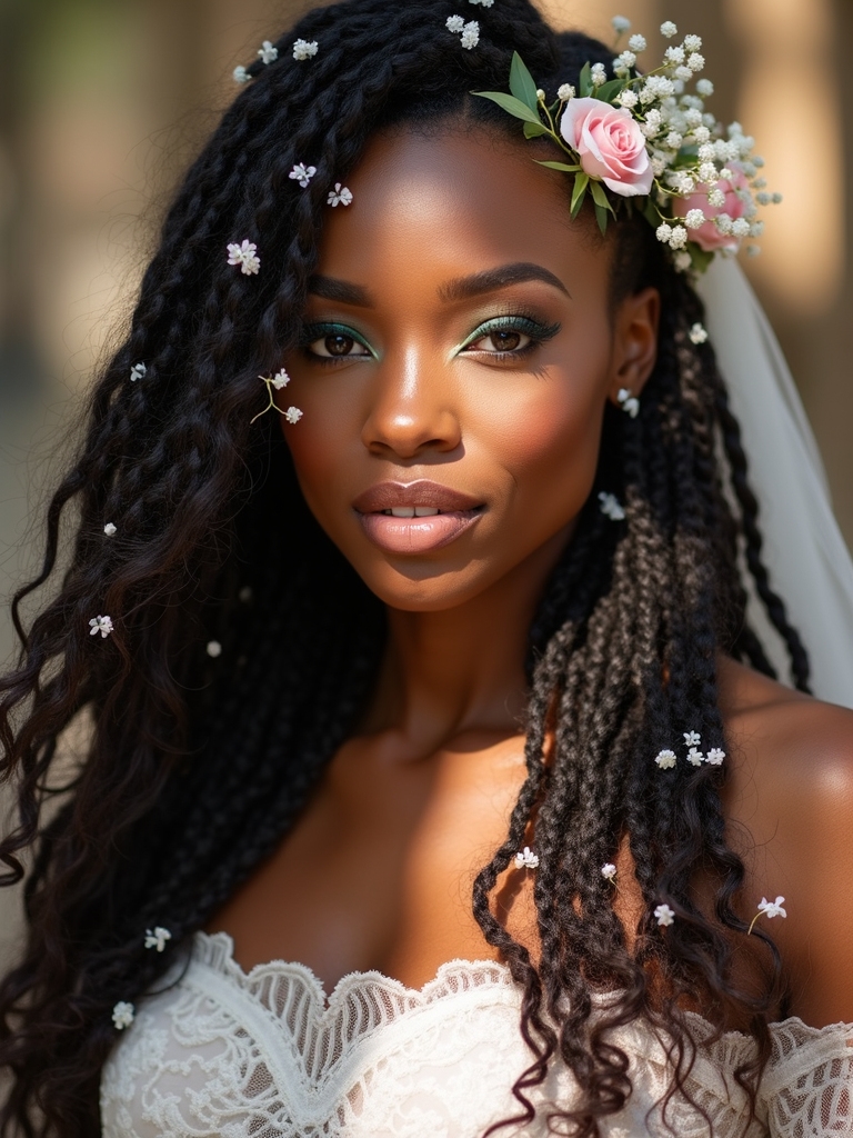 boho half-up loc style with fresh flowers for a Black bride in a garden or outdoor wedding
