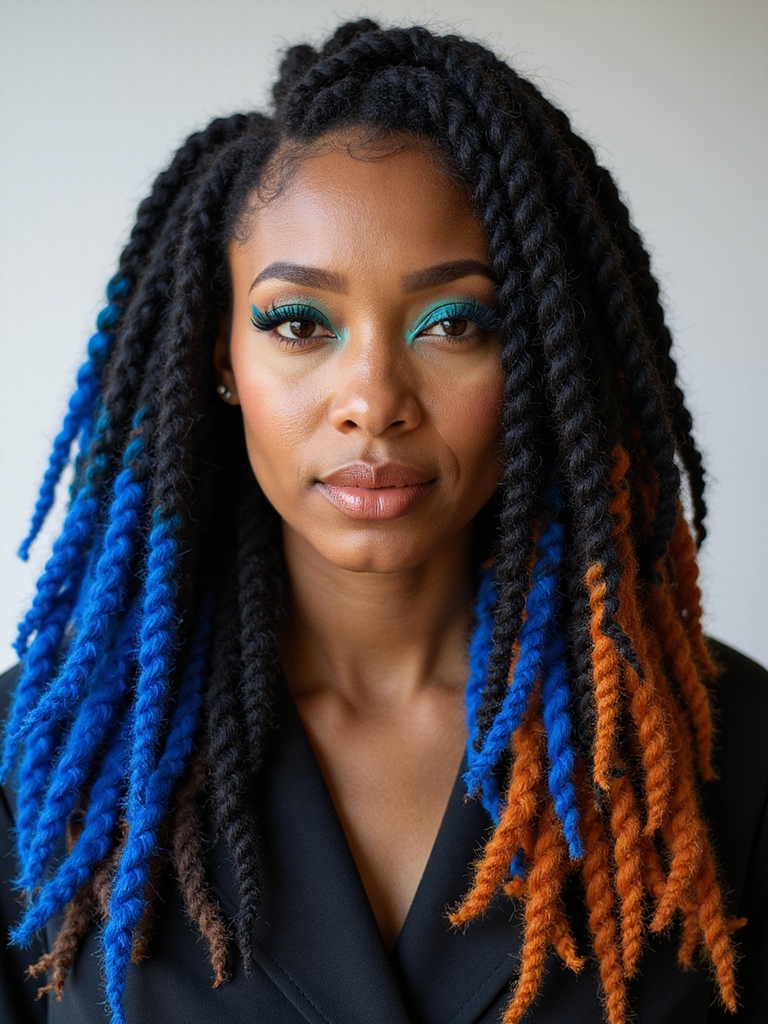 Color-blocked locs in bold contrasting tones