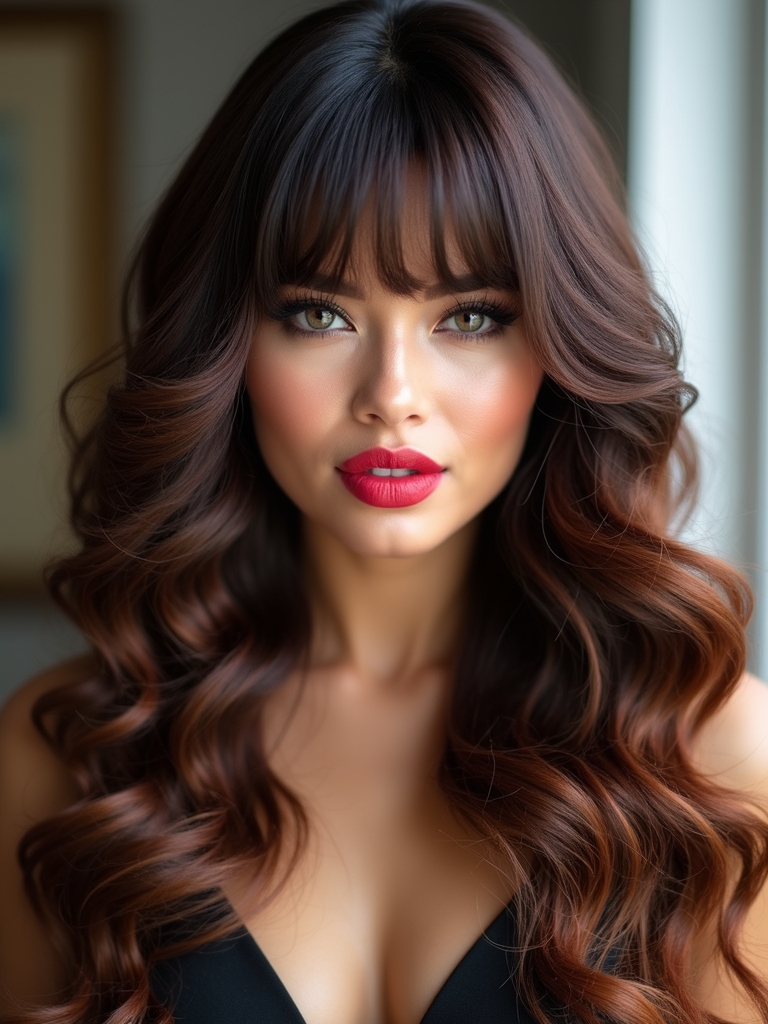 Voluminous curly layers with feathered curtain bangs