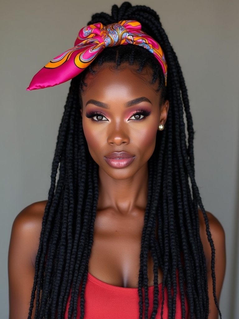 bright scarf tied loc ponytail