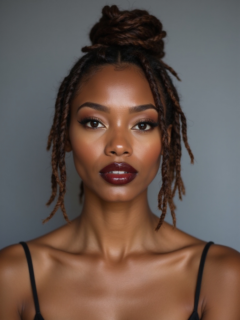 Loc hair gathered into a high bun or top knot