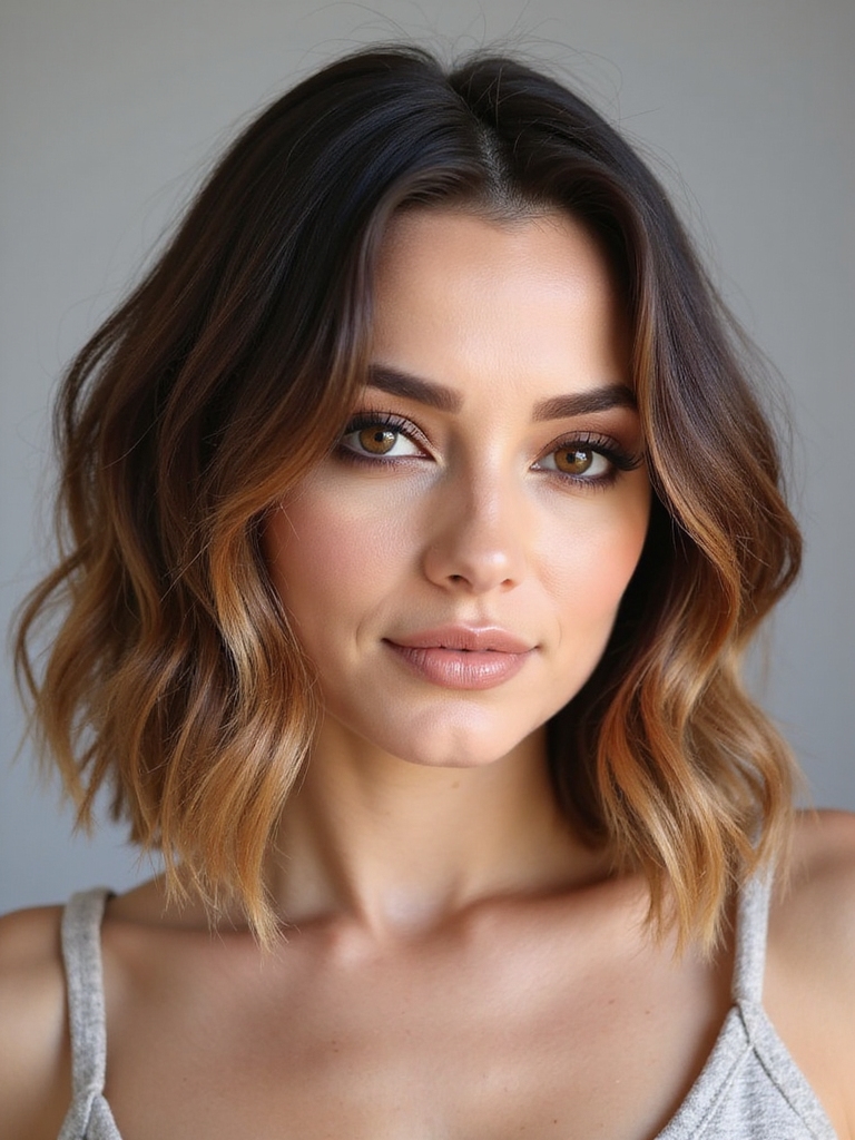 A brown bob with caramel balayage