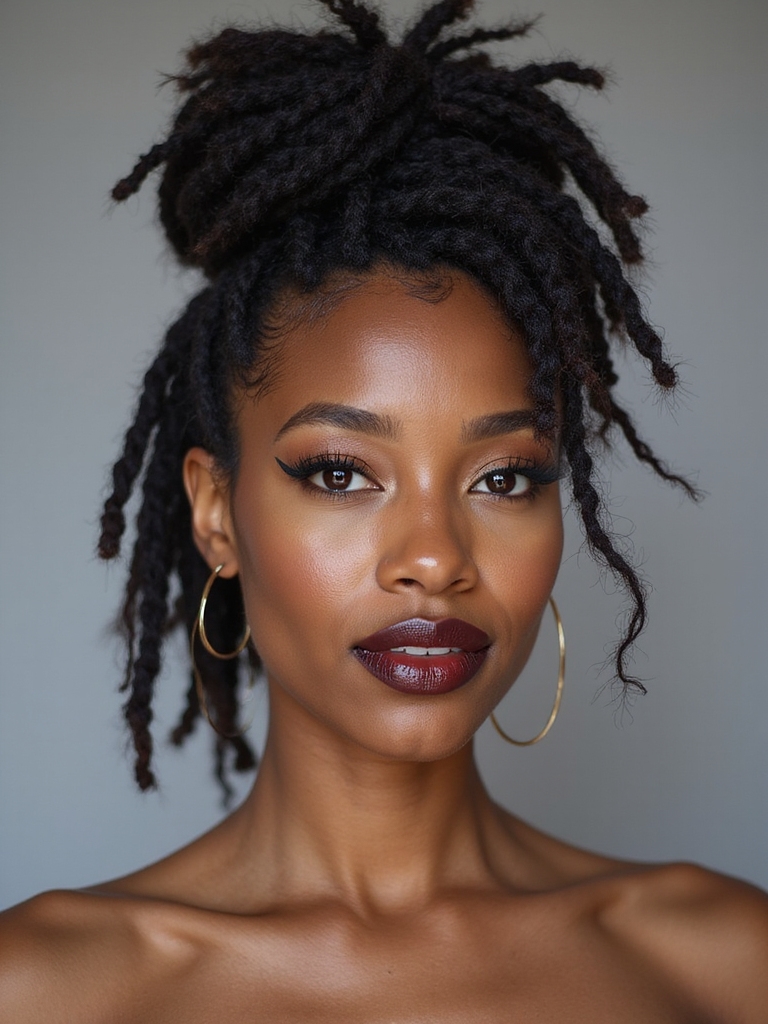 deliberately undone textured loc bun with natural organic shape
