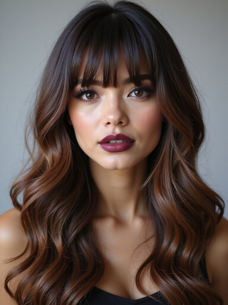 Center-parted, feathered face-framing layers with bangs