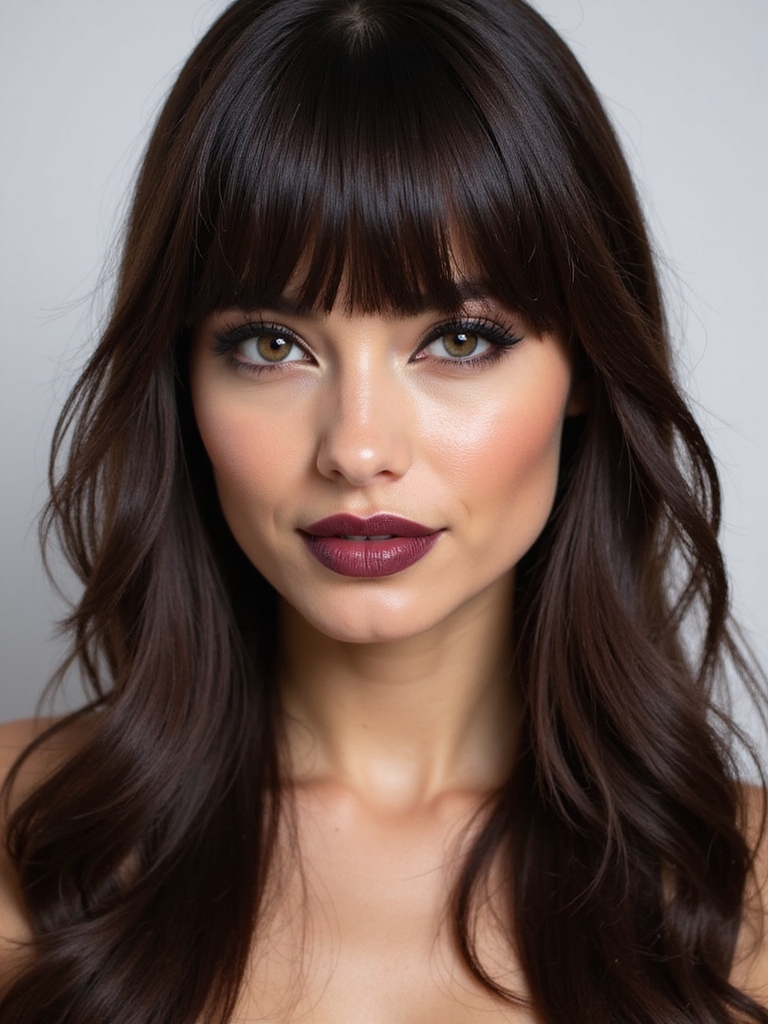 center parted glossy brow skimming fringe