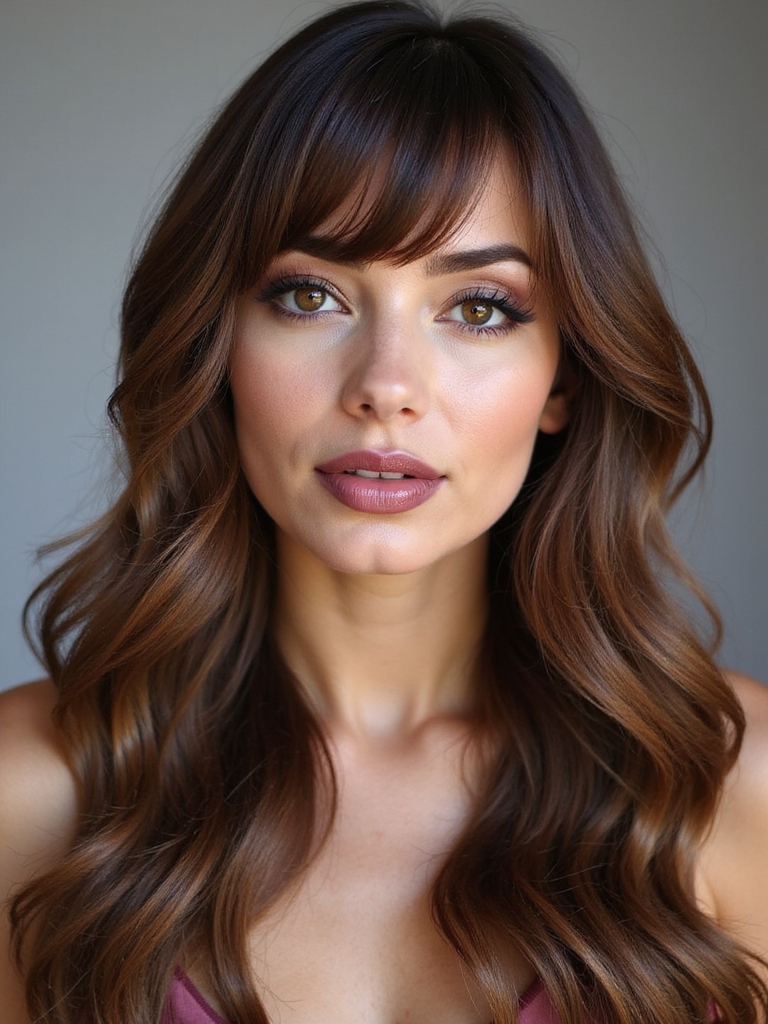Cheekbone-skimming side-swept bangs on long hair