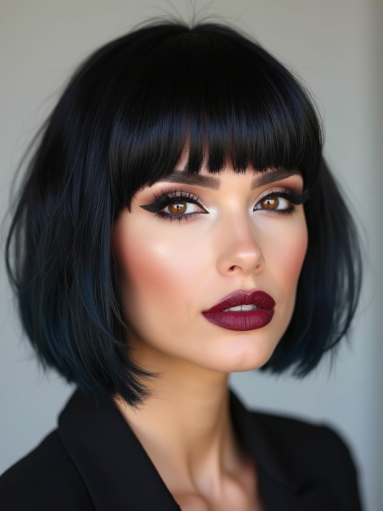 Chin-grazing face-framing layers and bangs on a blunt lob
