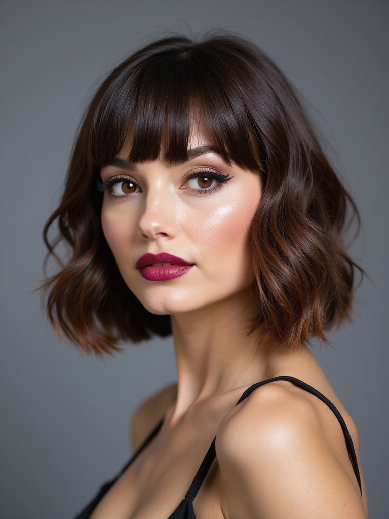 Chin-grazing curtain bangs on a layered lob