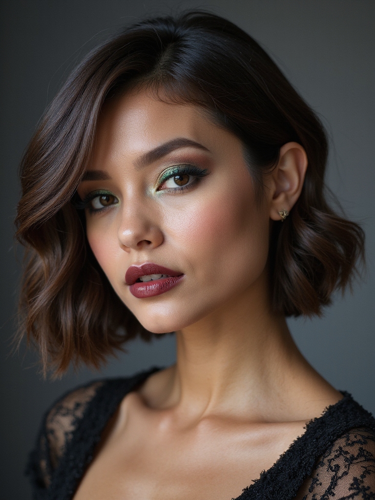 A chin-length lob with a side part and feathered ends