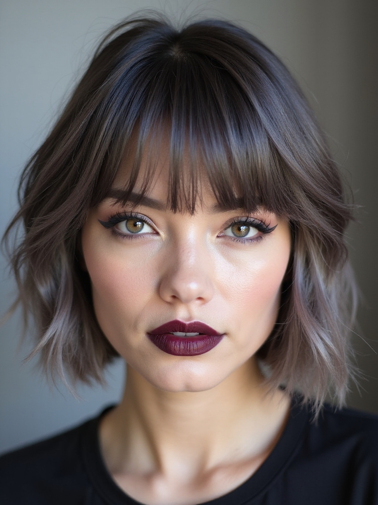 A chin-length bob paired with a piecey fringe