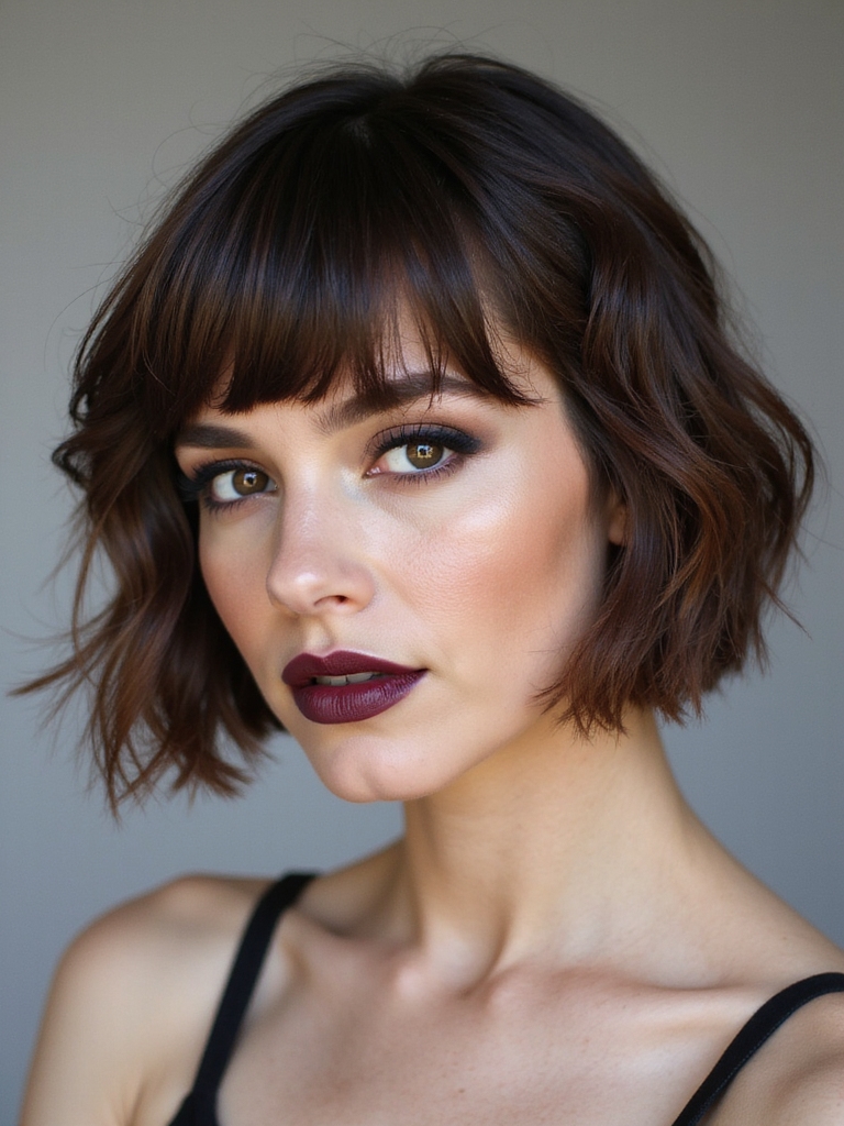 A choppy messy bob with curtain bangs