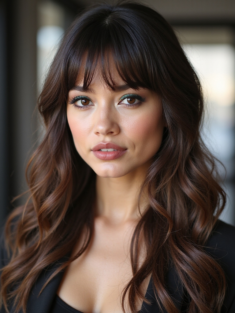 Choppy, eyebrow-grazing bangs on textured layers