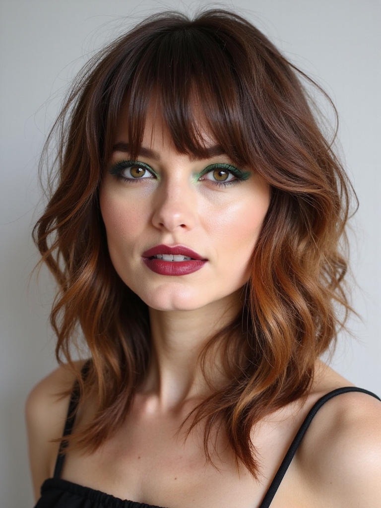 choppy shag with curtain bangs