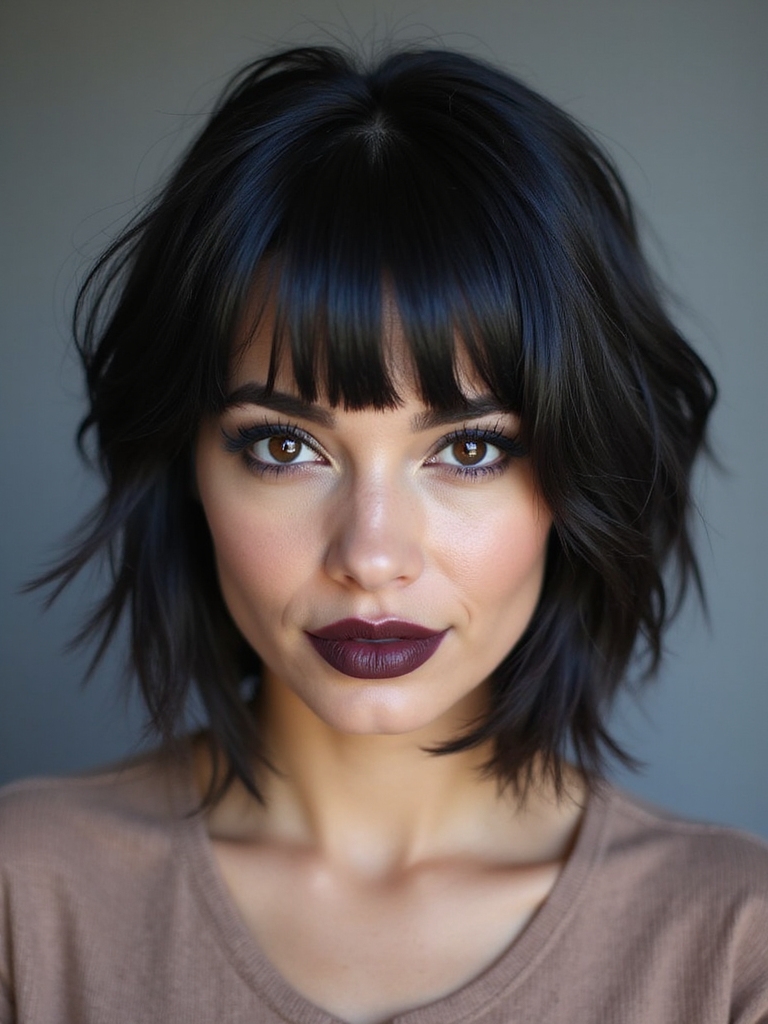 choppy textured eyebrow skimming bangs