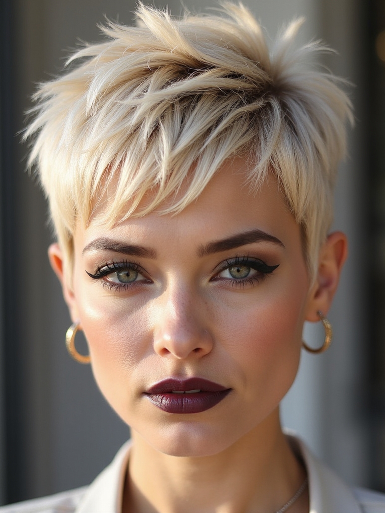 A choppy textured blonde pixie crop