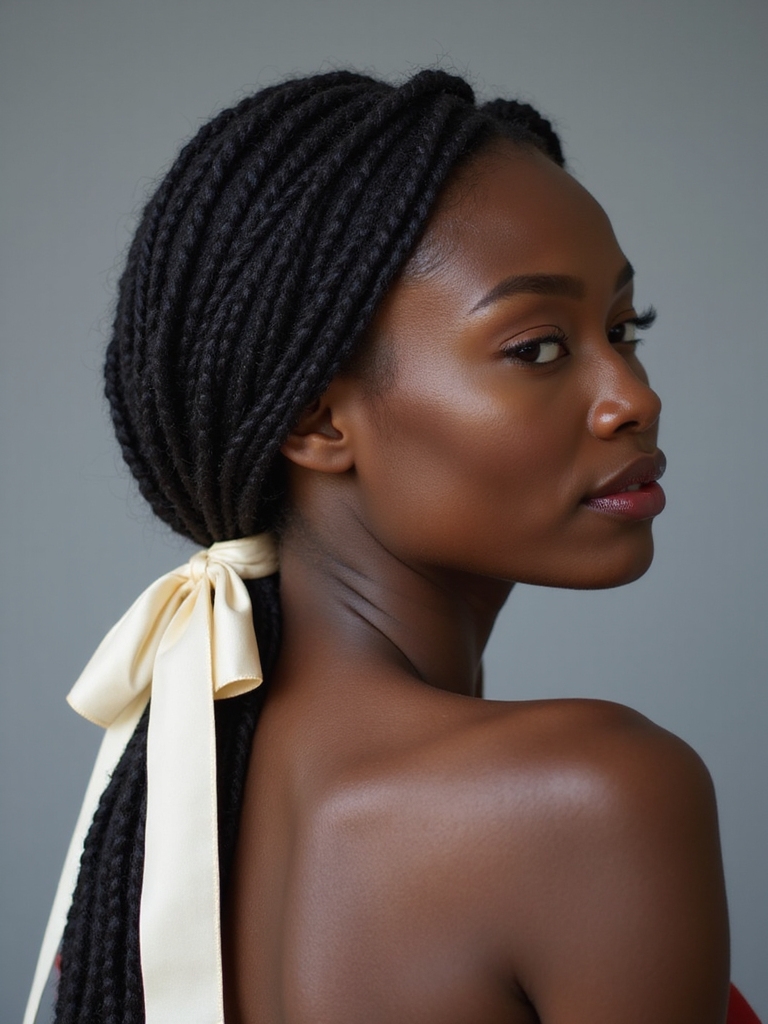 Minimalist low loc ponytail finished with a ribbon