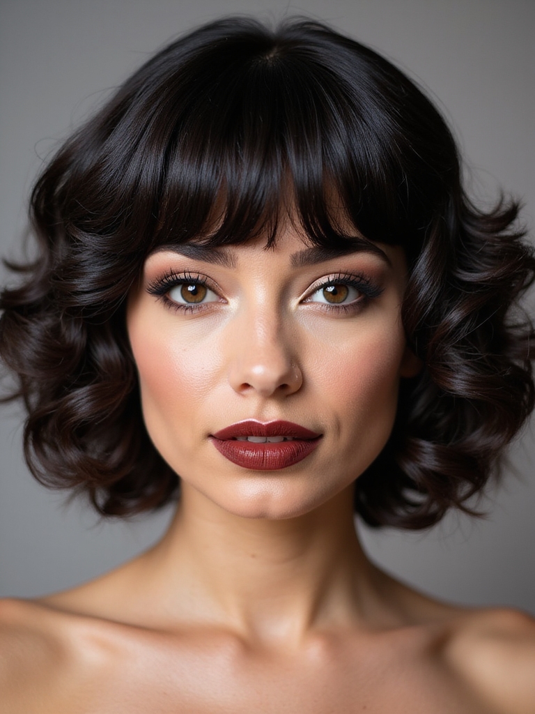 Coily short curtain bangs framing high cheekbones