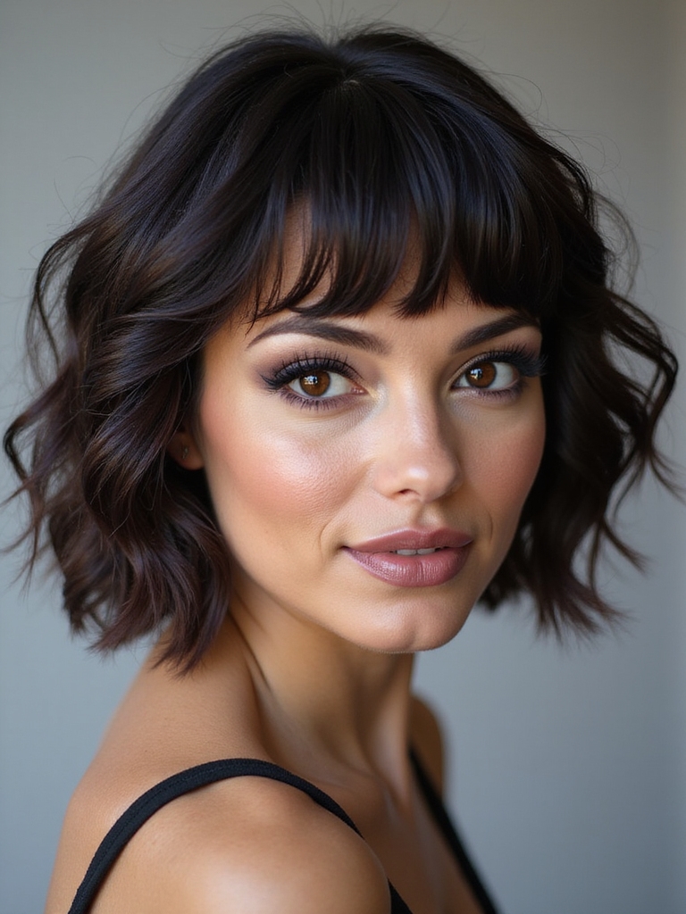 A coily layered bob with soft halo bangs