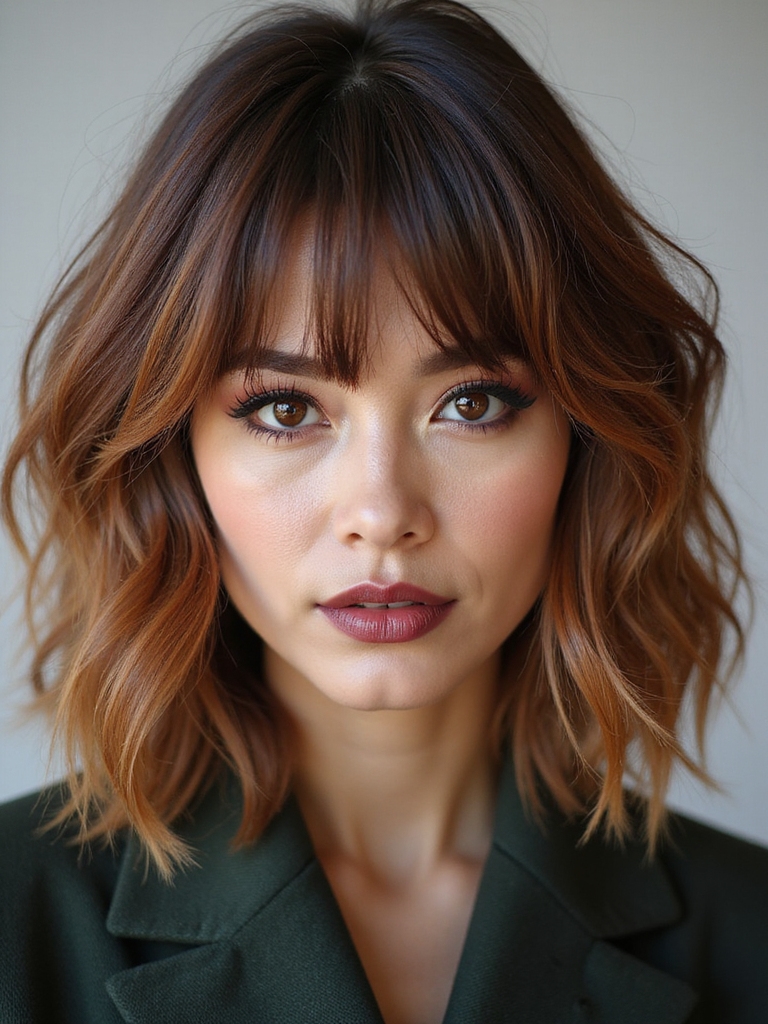 A layered lob with a face-framing fringe