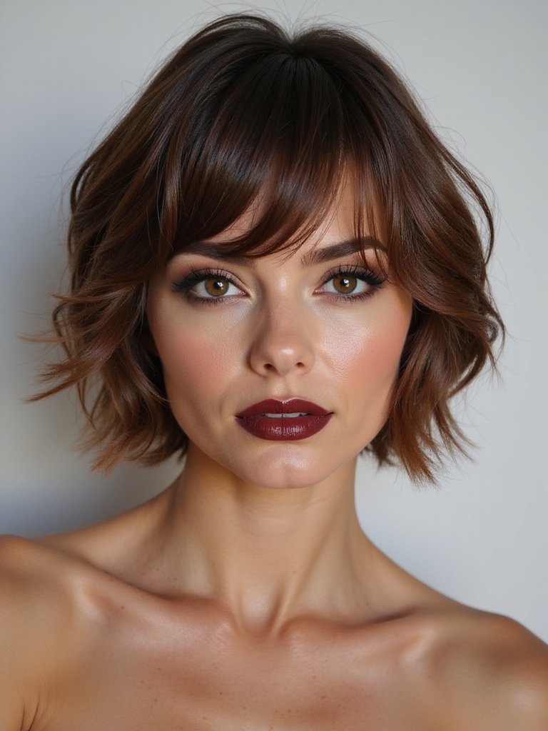 A collarbone cut with feathered bangs
