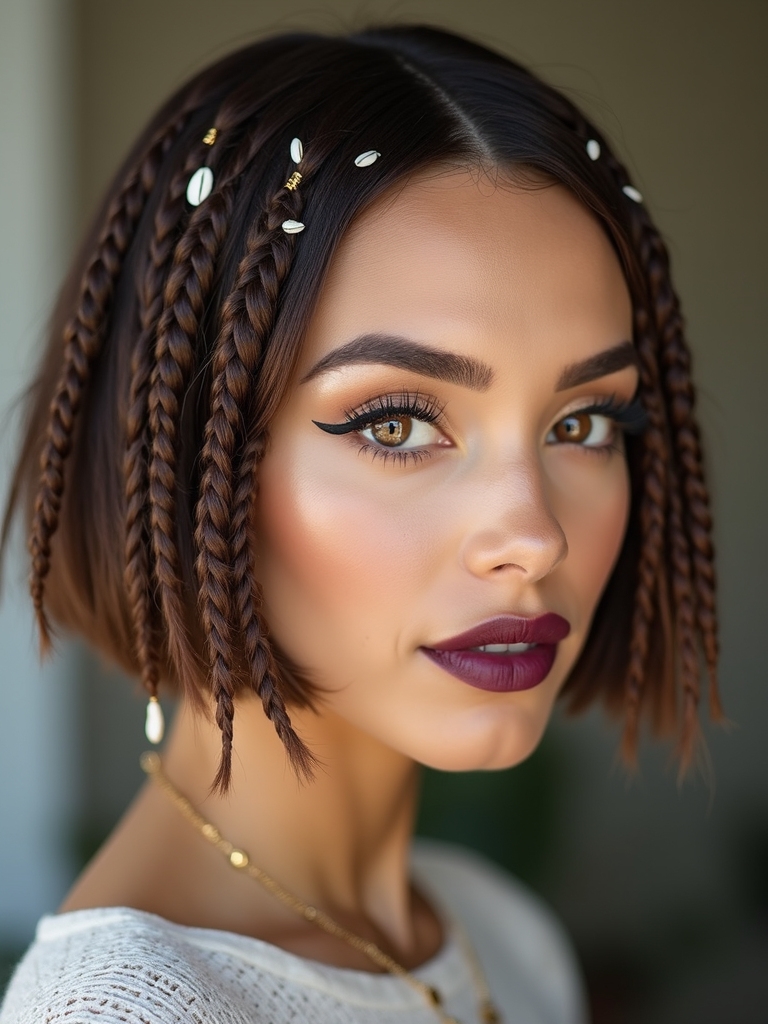 A boho bob braid accessorized with shells and charms