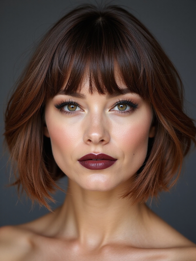 Textured blunt bangs round face
