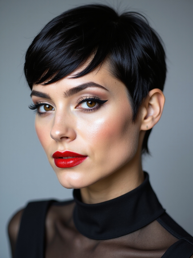 Super short pixie bangs on a cropped cut