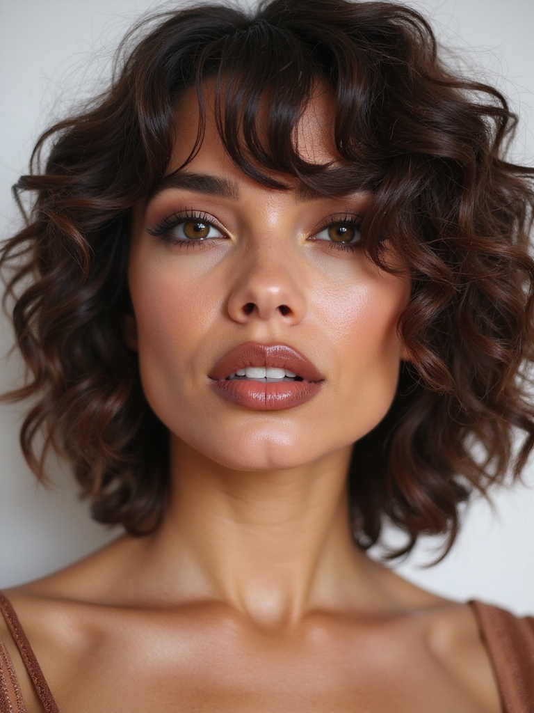 A curly crop with light floating curtain bangs