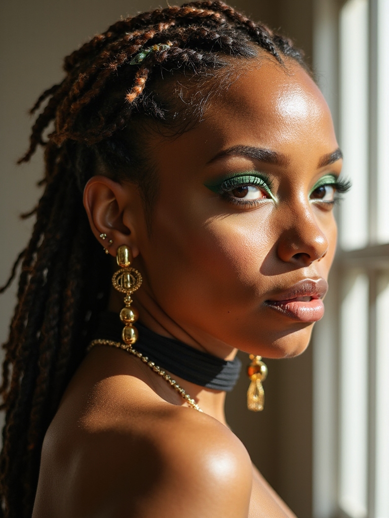locs decorated with metal cuffs and wooden beads showing adornment along the length