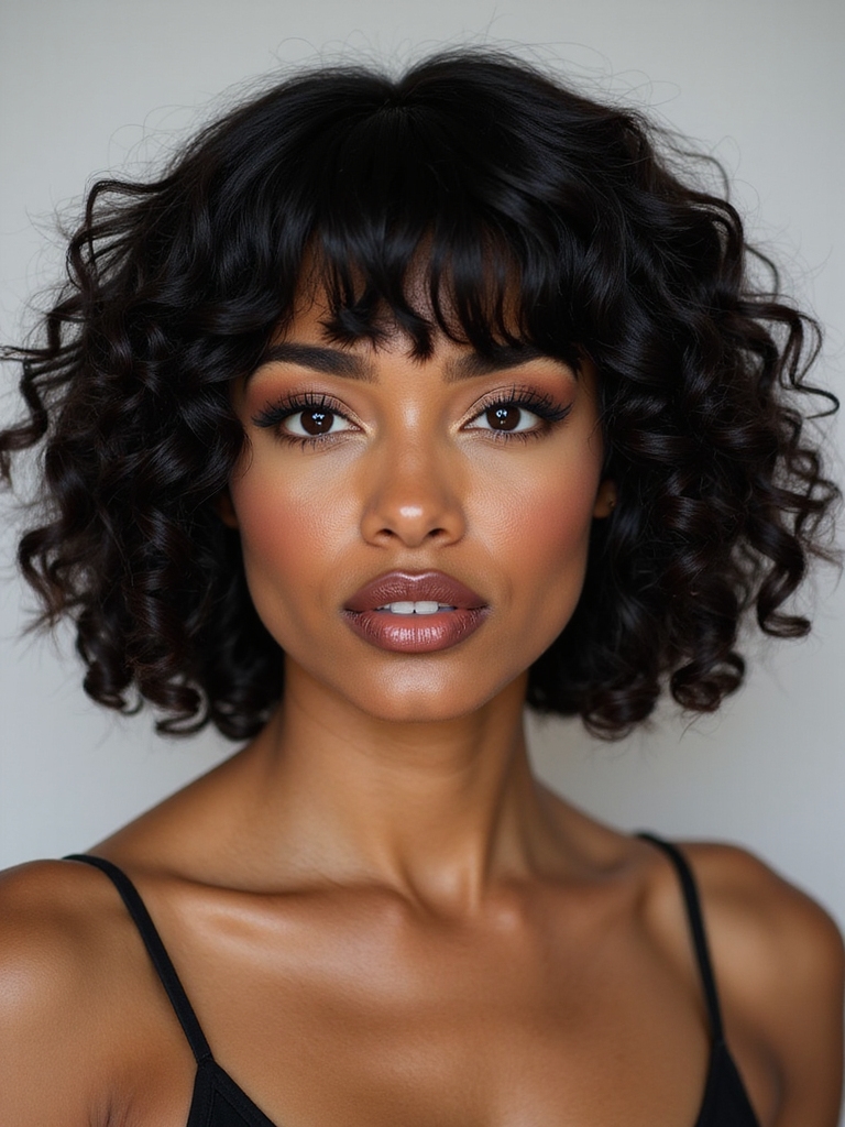 A curly natural hair bob with face-framing bangs