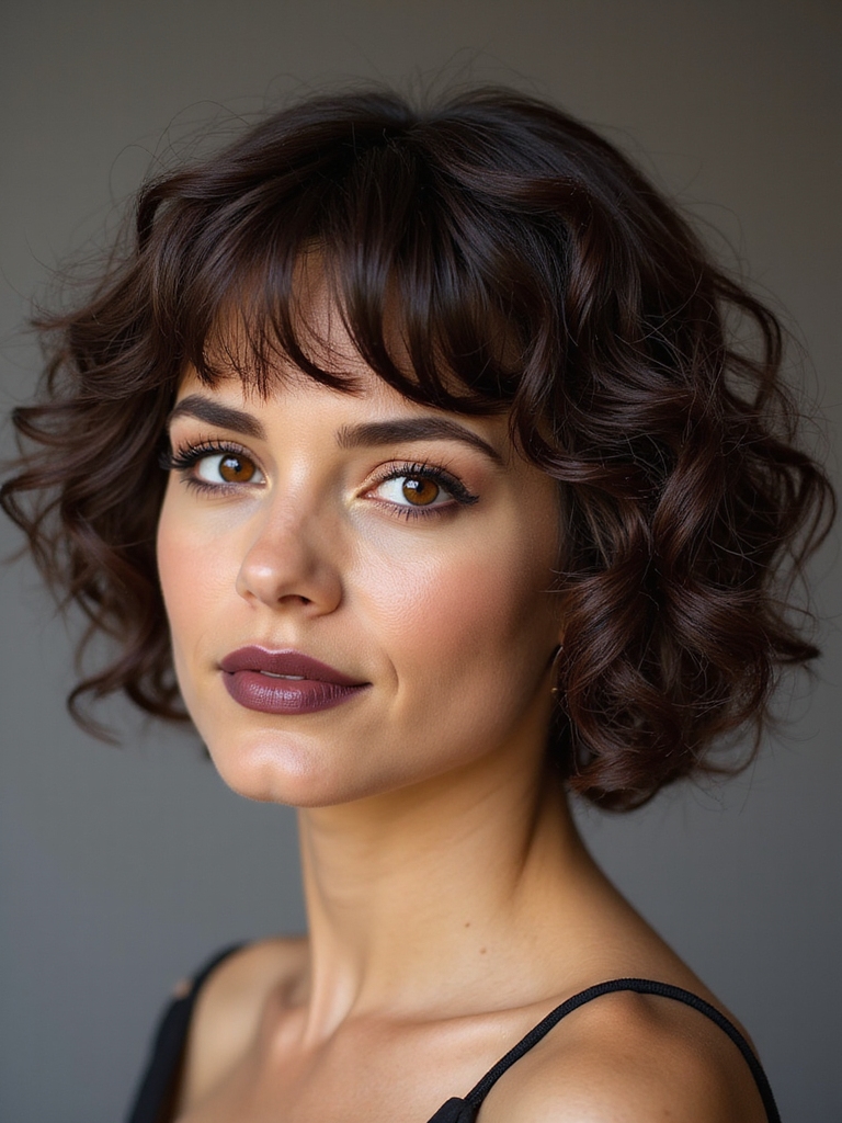 Curtain bangs curly bob
