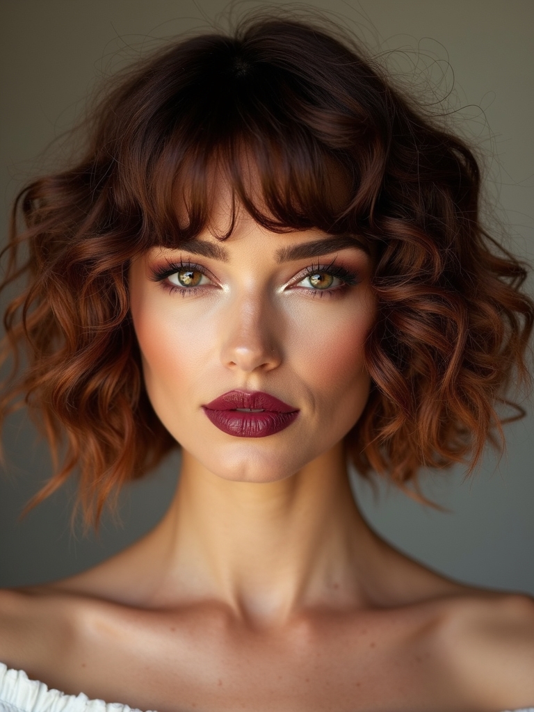 A curly bob with soft diffused curtain bangs framing the face