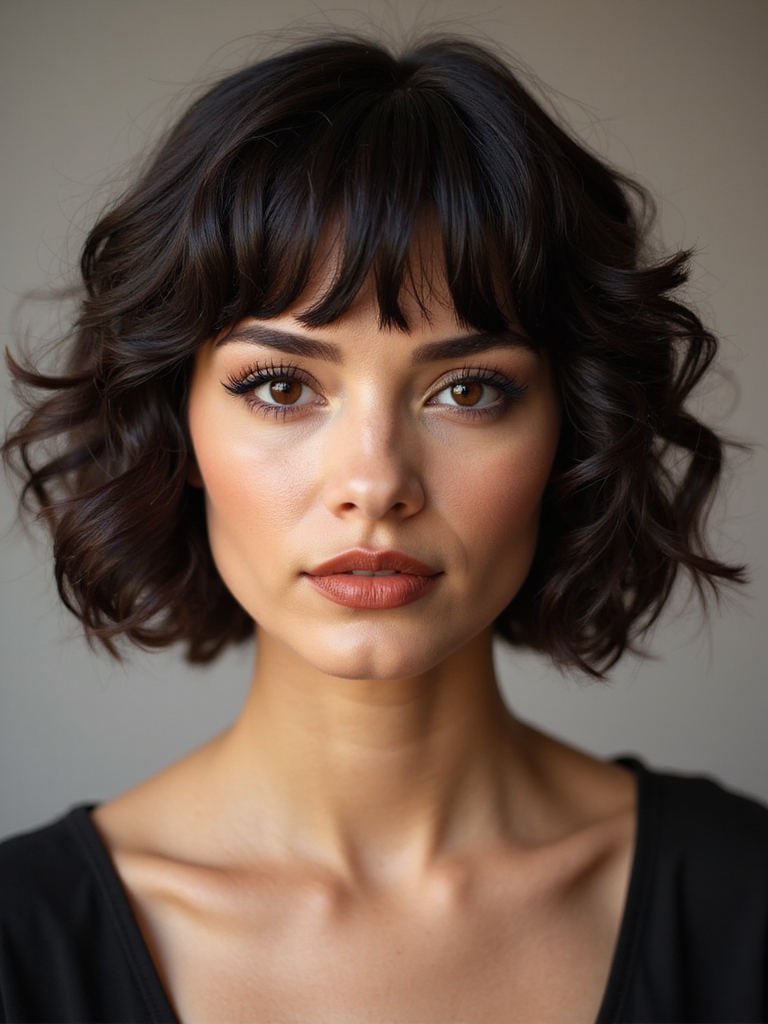 A curly bob with shaped curly bangs