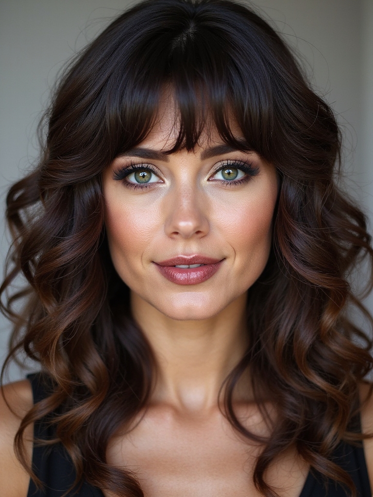 Curly bangs with cascading face-framing layers full of volume