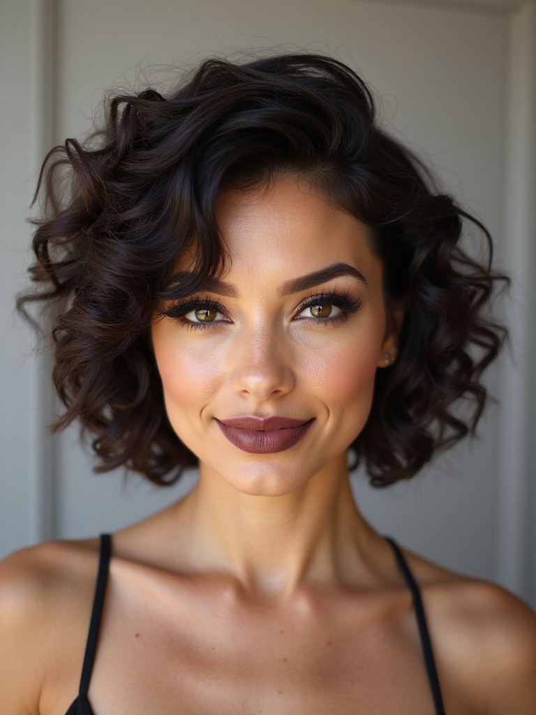 A curly dark brown bob