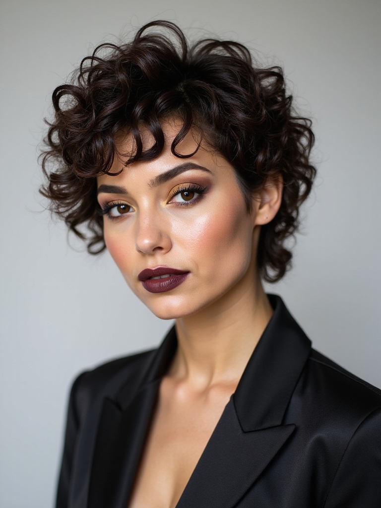 A curly pixie with side-swept bangs
