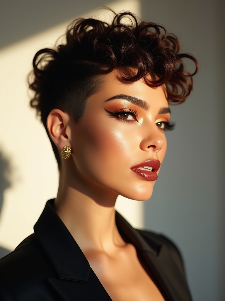 A curly pixie with a temple undercut